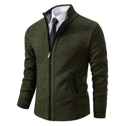Herren-Strickjacke aus Merinowolle mit Stehkragen und durchgehendem Reißverschluss in Grün