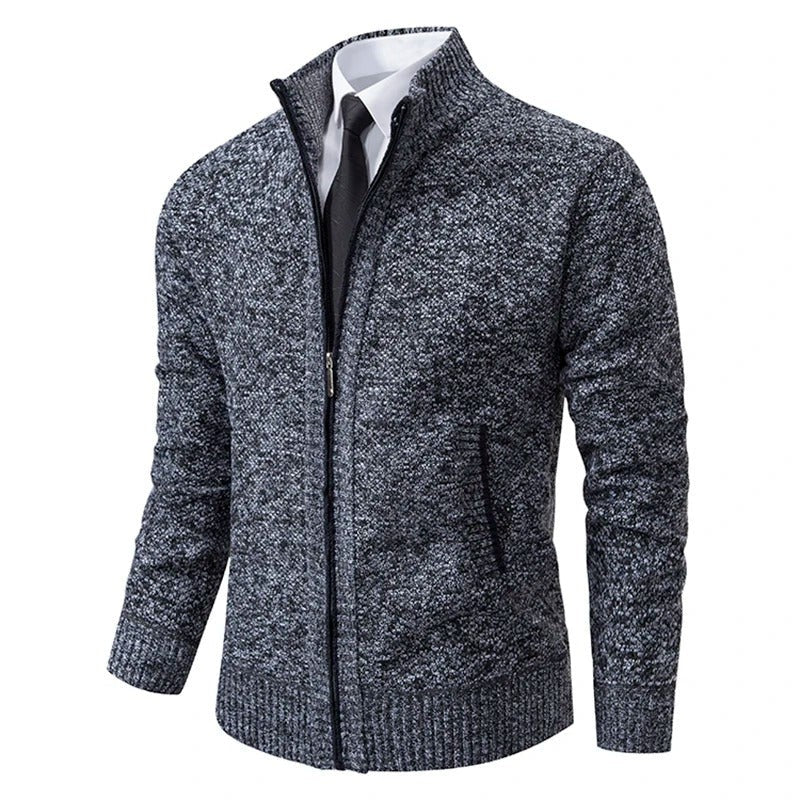 Herren-Strickjacke aus Merinowolle mit Stehkragen und durchgehendem Reißverschluss in Dunkelgrau