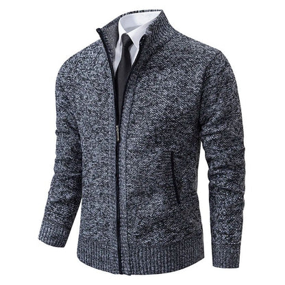 Herren-Strickjacke aus Merinowolle mit Stehkragen und durchgehendem Reißverschluss in Dunkelgrau