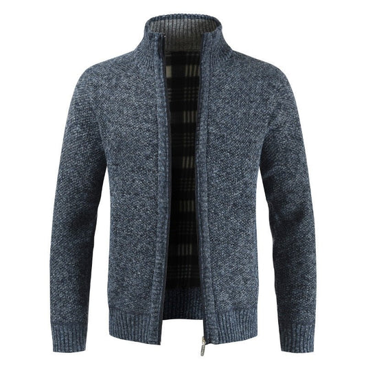 Herren-Strickjacke aus Wolle mit Stehkragen, Reißverschluss und warmem Karofutter in Blau