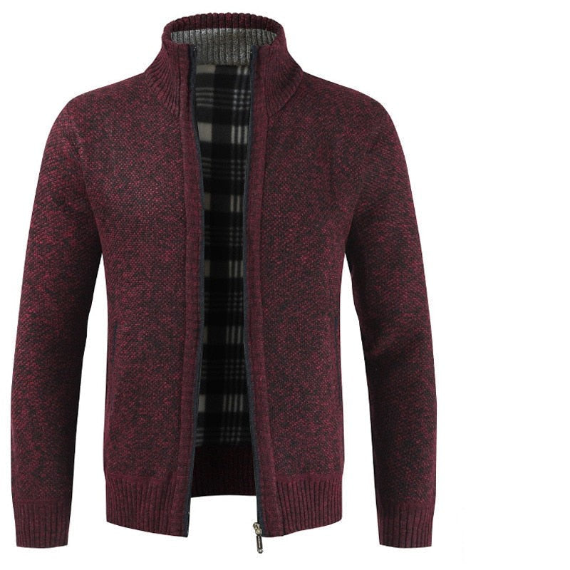 Herren-Strickjacke aus Wolle mit Stehkragen, Reißverschluss und warmem Karofutter in Bordeaux