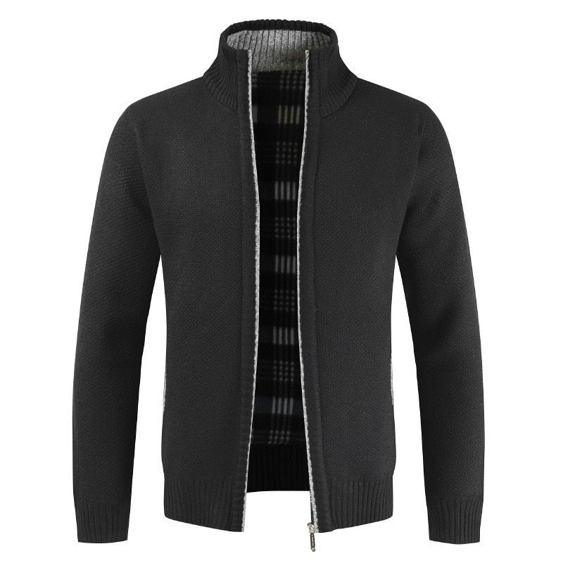 Herren-Strickjacke aus Wolle mit Stehkragen, Reißverschluss und warmem Karofutter in Schwarz