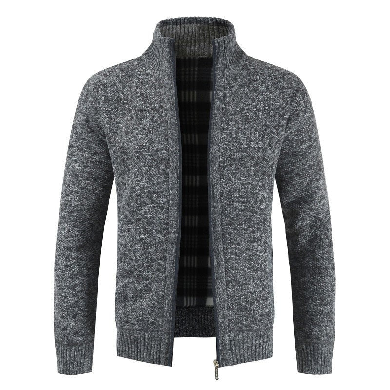 Herren-Strickjacke aus Wolle mit Stehkragen, Reißverschluss und warmem Karofutter in Anthrazitgrau