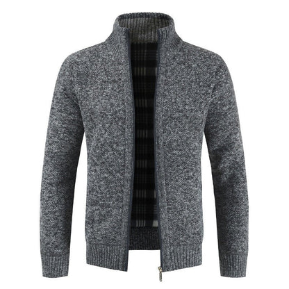 Herren-Strickjacke aus Wolle mit Stehkragen, Reißverschluss und warmem Karofutter in Anthrazitgrau