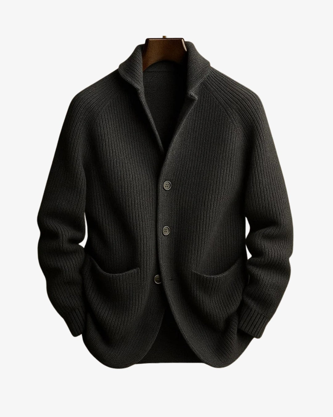 Herren-Strickjacke in Rippstrick mit Reverskragen, Knopfleiste und aufgesetzten Taschen in Grau