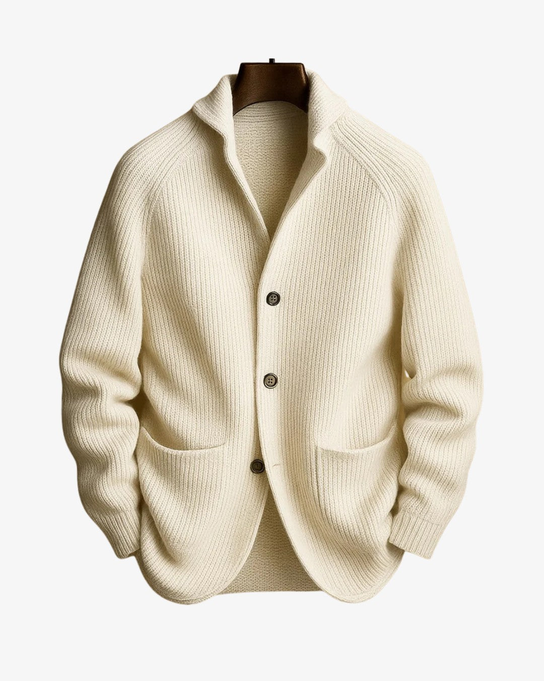 Herren-Strickjacke in Rippstrick mit Reverskragen, Knopfleiste und aufgesetzten Taschen in Weiß