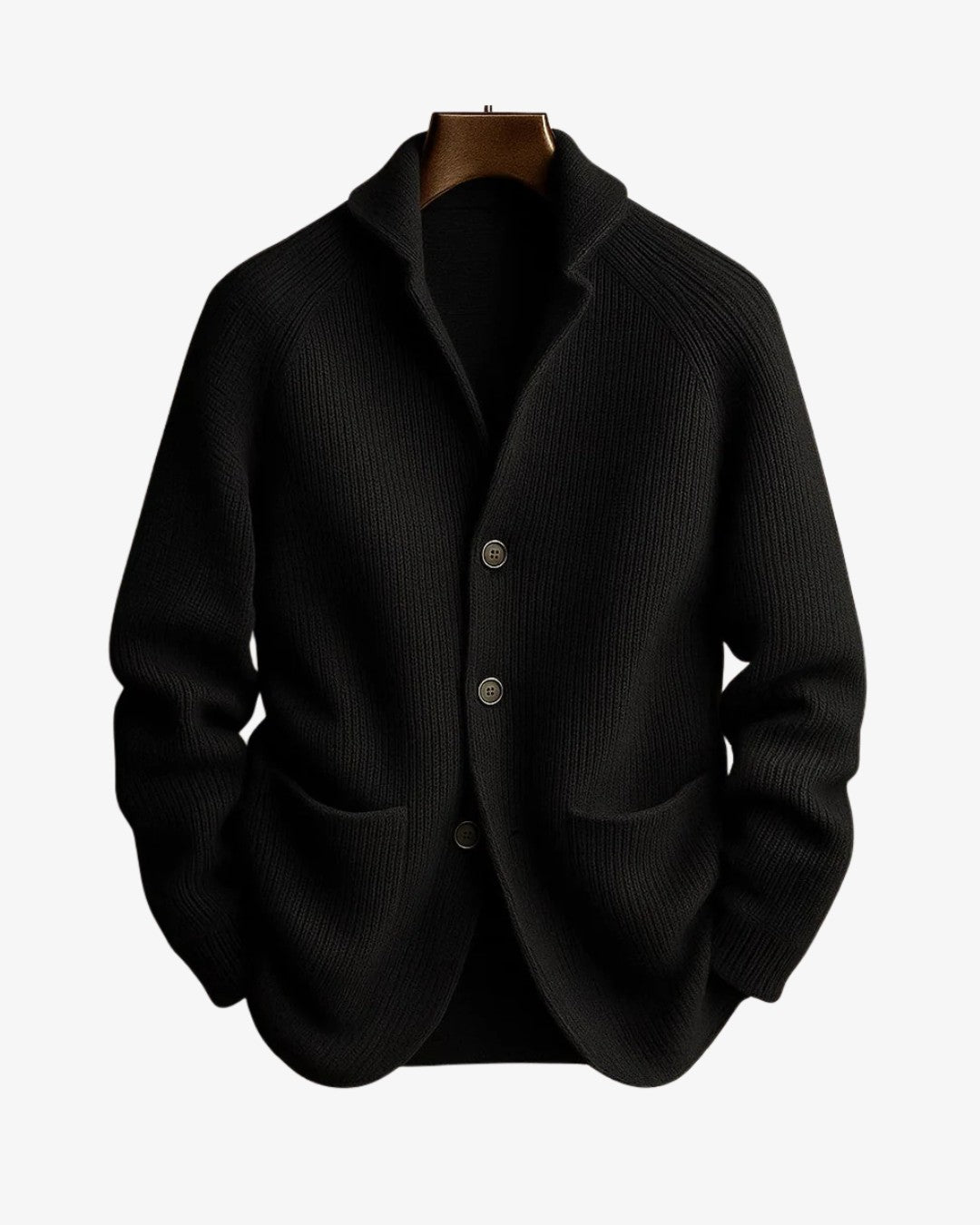 Herren-Strickjacke in Rippstrick mit Reverskragen, Knopfleiste und aufgesetzten Taschen in Schwarz