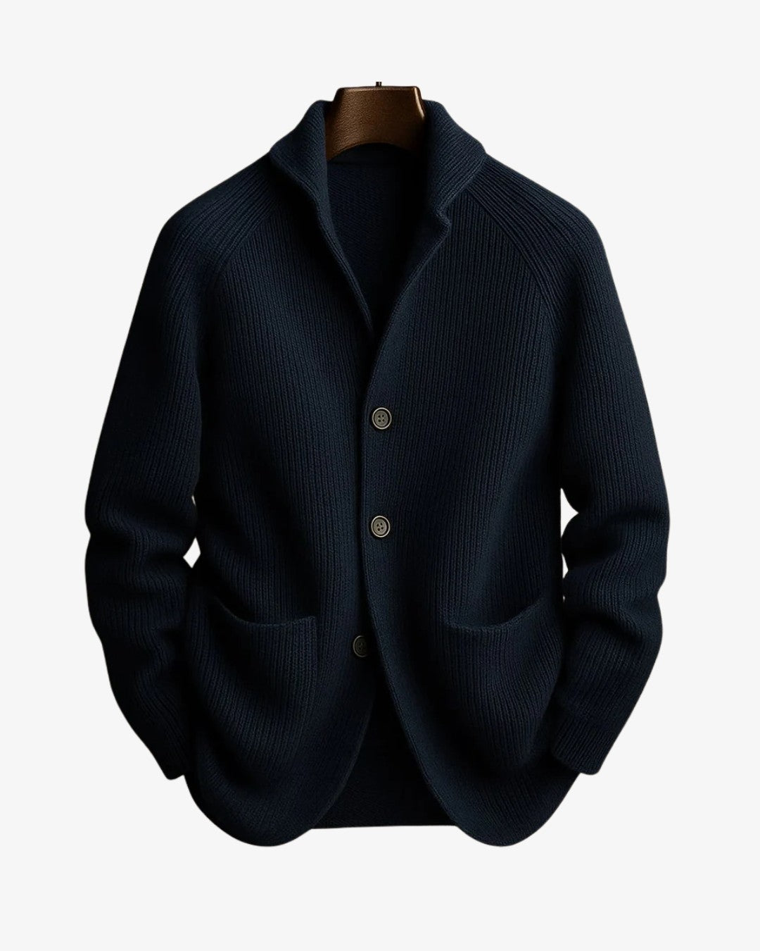 Herren-Strickjacke in Rippstrick mit Reverskragen, Knopfleiste und aufgesetzten Taschen in Marineblau