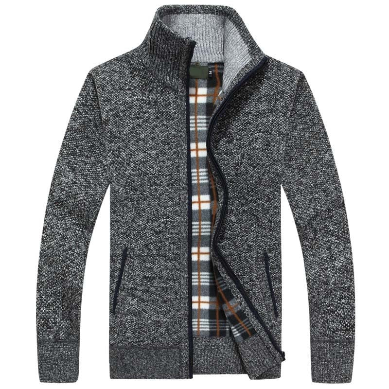 Herren-Strickjacke mit Stehkragen, durchgehendem Reißverschluss und kariertem Futter in Dunkelgrau