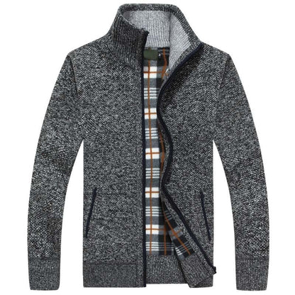 Herren-Strickjacke mit Stehkragen, durchgehendem Reißverschluss und kariertem Futter in Dunkelgrau