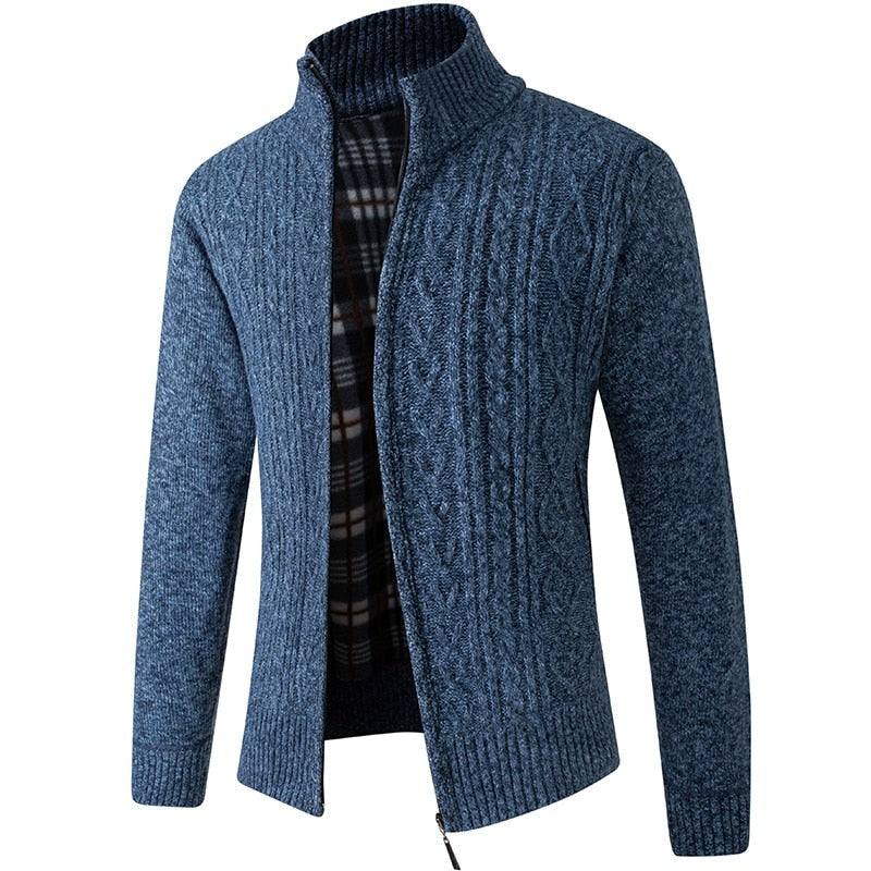 Herren-Strickjacke mit Stehkragen, durchgehendem Reißverschluss und kariertem Futter in Muster Blau