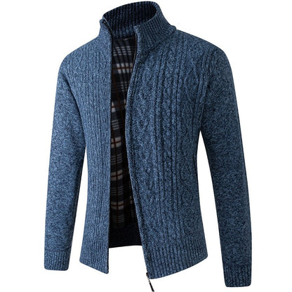 Herren-Strickjacke mit Stehkragen, durchgehendem Reißverschluss und kariertem Futter in Muster Blau