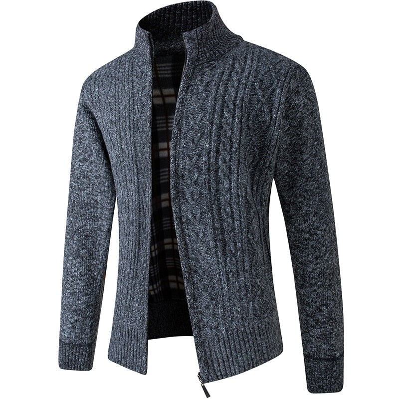 Herren-Strickjacke mit Stehkragen, durchgehendem Reißverschluss und kariertem Futter in Muster Dunkelgrau