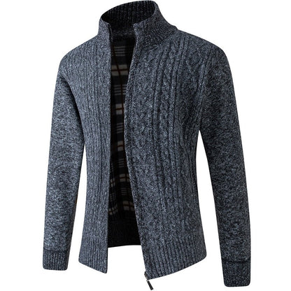 Herren-Strickjacke mit Stehkragen, durchgehendem Reißverschluss und kariertem Futter in Muster Dunkelgrau