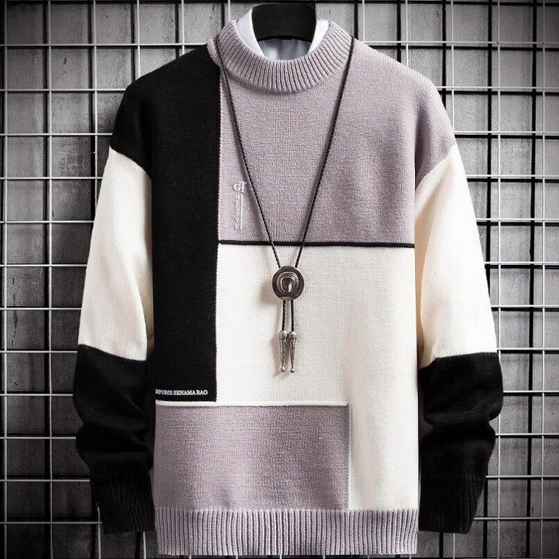 Herren-Strickpullover im Patchwork-Design mit Rundhals und elastischen Bündchen in Helllila