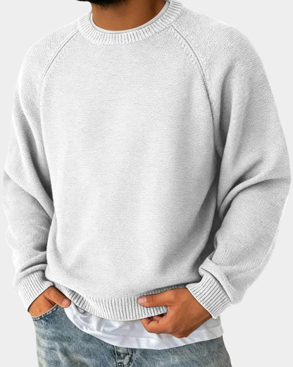 Herren-Strickpullover mit Rundhals, Raglanärmeln und Rippbündchen in Weiß