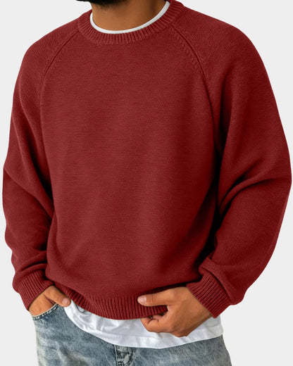 Herren-Strickpullover mit Rundhals, Raglanärmeln und Rippbündchen in Rot