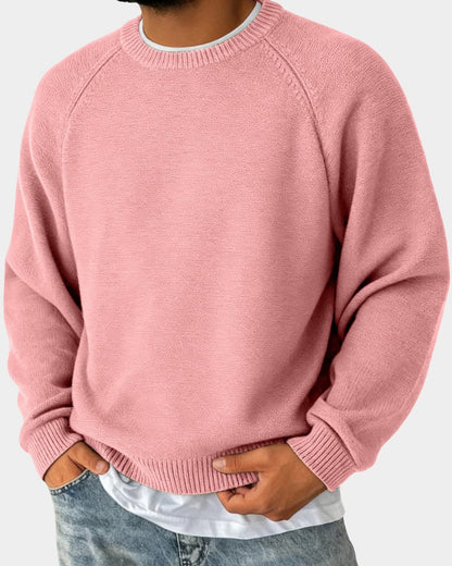 Herren-Strickpullover mit Rundhals, Raglanärmeln und Rippbündchen in Rosa