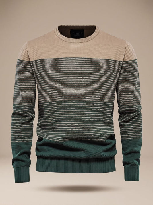 Herren-Strickpullover mit Rundhals, Streifen und Colour-Blocking in Grün