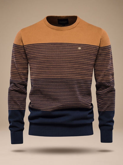 Herren-Strickpullover mit Rundhals, Streifen und Colour-Blocking in Orange
