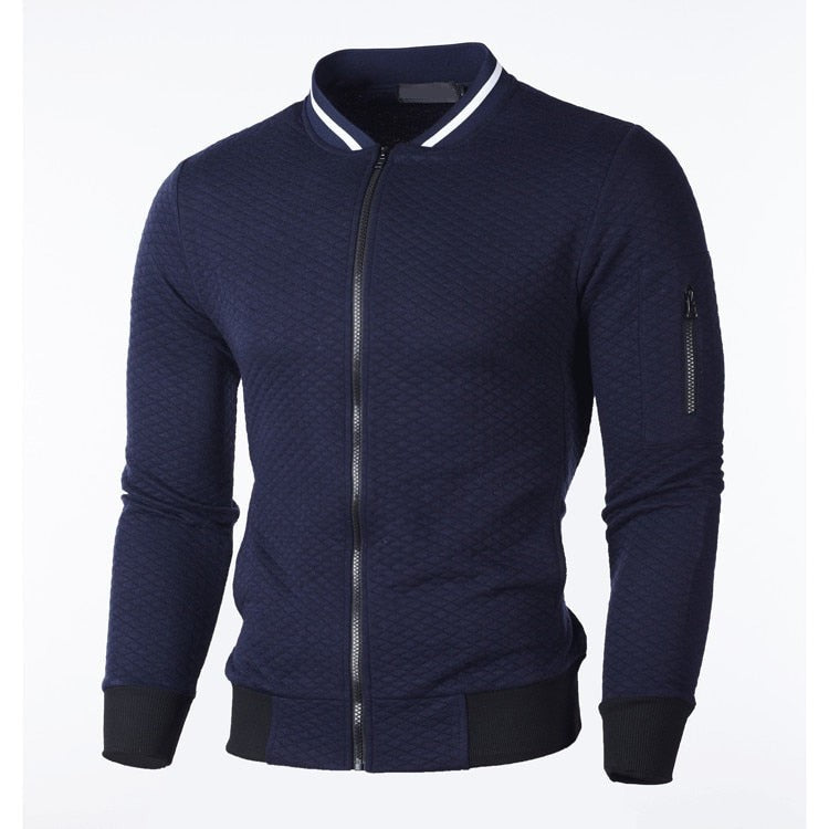 Herren-Sweatjacke mit Rautenstruktur, Reißverschluss und kontrastierenden Bündchen in Marineblau