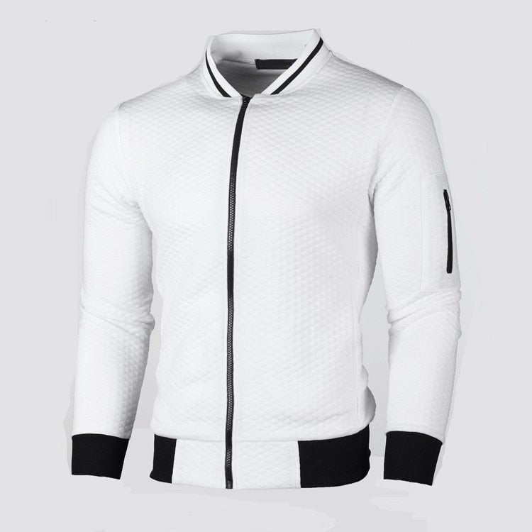 Herren-Sweatjacke mit Rautenstruktur, Reißverschluss und kontrastierenden Bündchen in Weiß