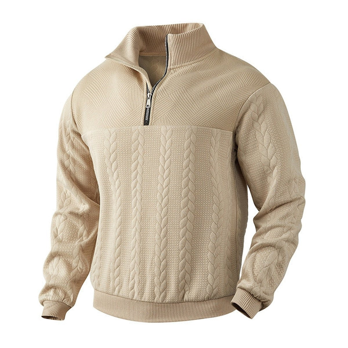 Herren-Troyer mit Zopfmuster, Reißverschlusskragen und Rippbündchen in Beige