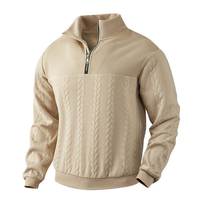 Herren-Troyer mit Zopfmuster, Reißverschlusskragen und Rippbündchen in Beige