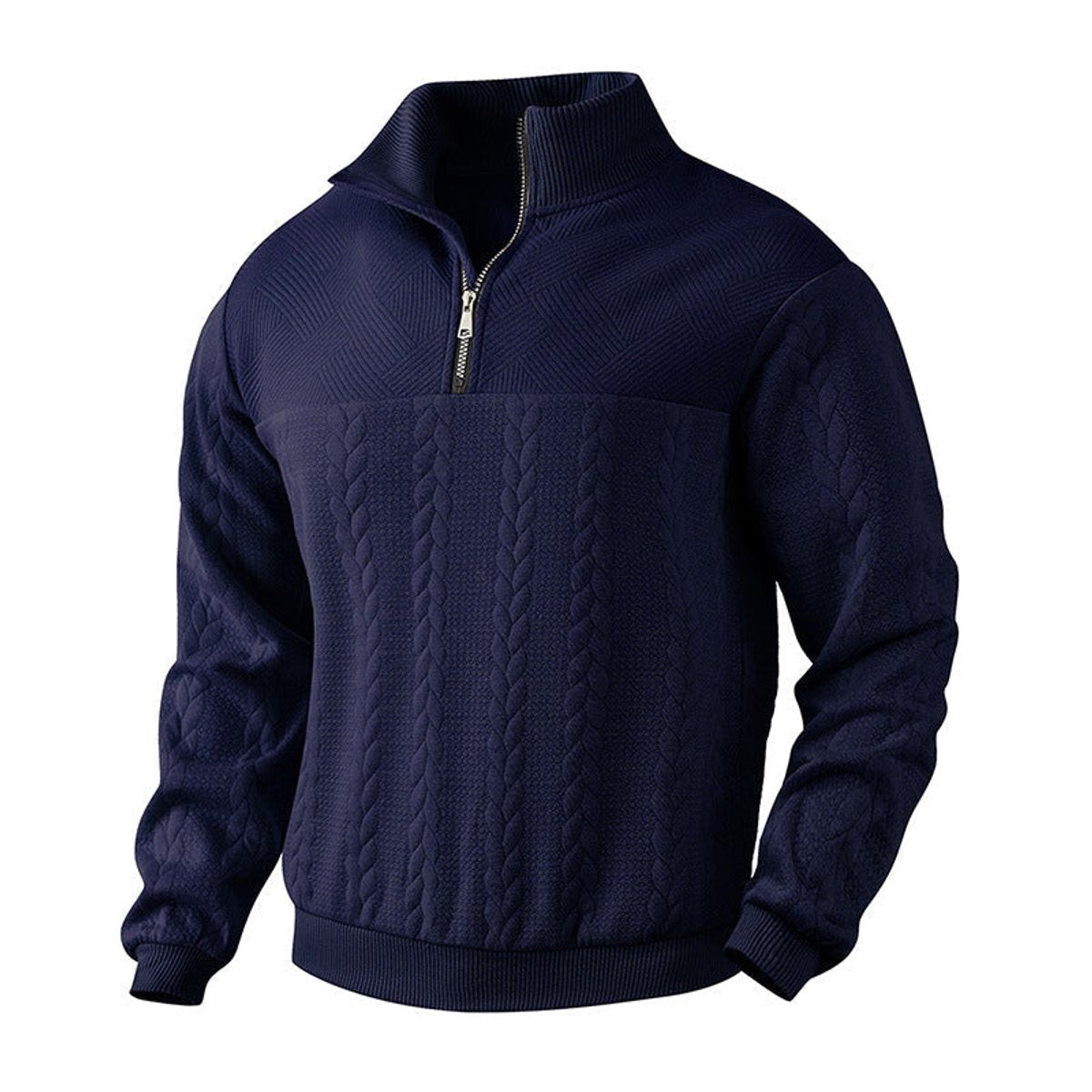 Herren-Troyer mit Zopfmuster, Reißverschlusskragen und Rippbündchen in Navyblau