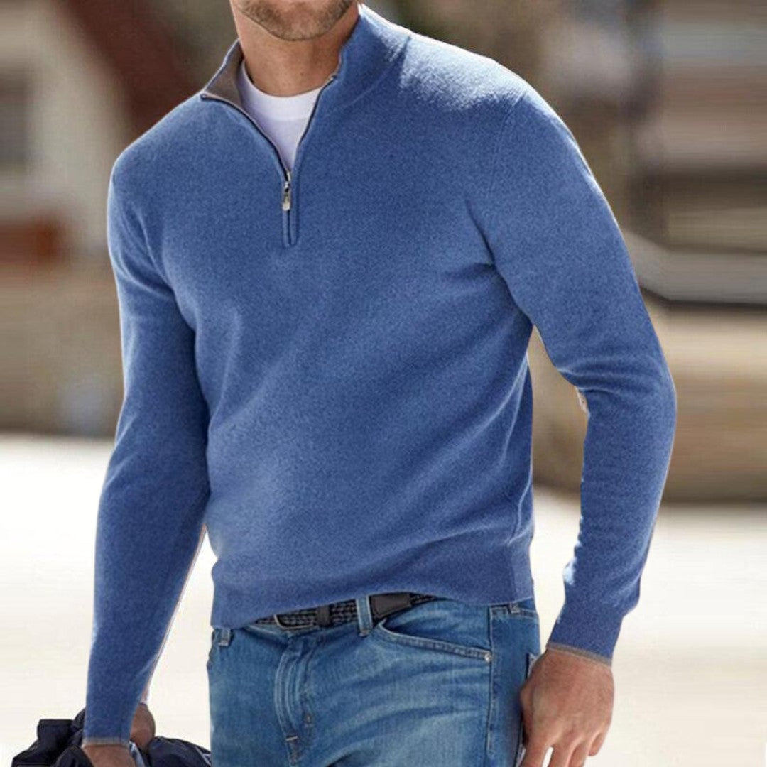Herren-Troyer-Pullover mit Half-Zip und Stehkragen aus Feinstrick in Blau