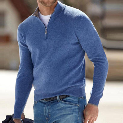 Herren-Troyer-Pullover mit Half-Zip und Stehkragen aus Feinstrick in Blau