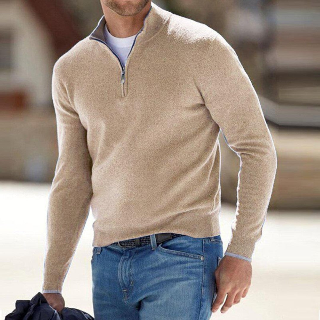 Herren-Troyer-Pullover mit Half-Zip und Stehkragen aus Feinstrick in Beige
