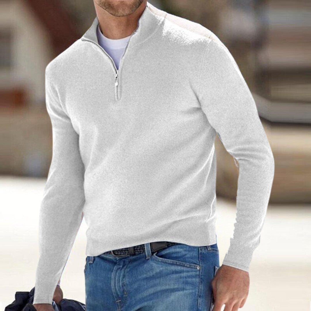 Herren-Troyer-Pullover mit Half-Zip und Stehkragen aus Feinstrick in Weiß
