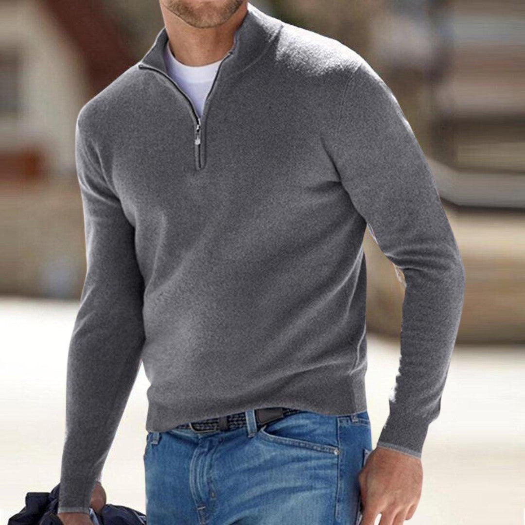 Herren-Troyer-Pullover mit Half-Zip und Stehkragen aus Feinstrick in Grau