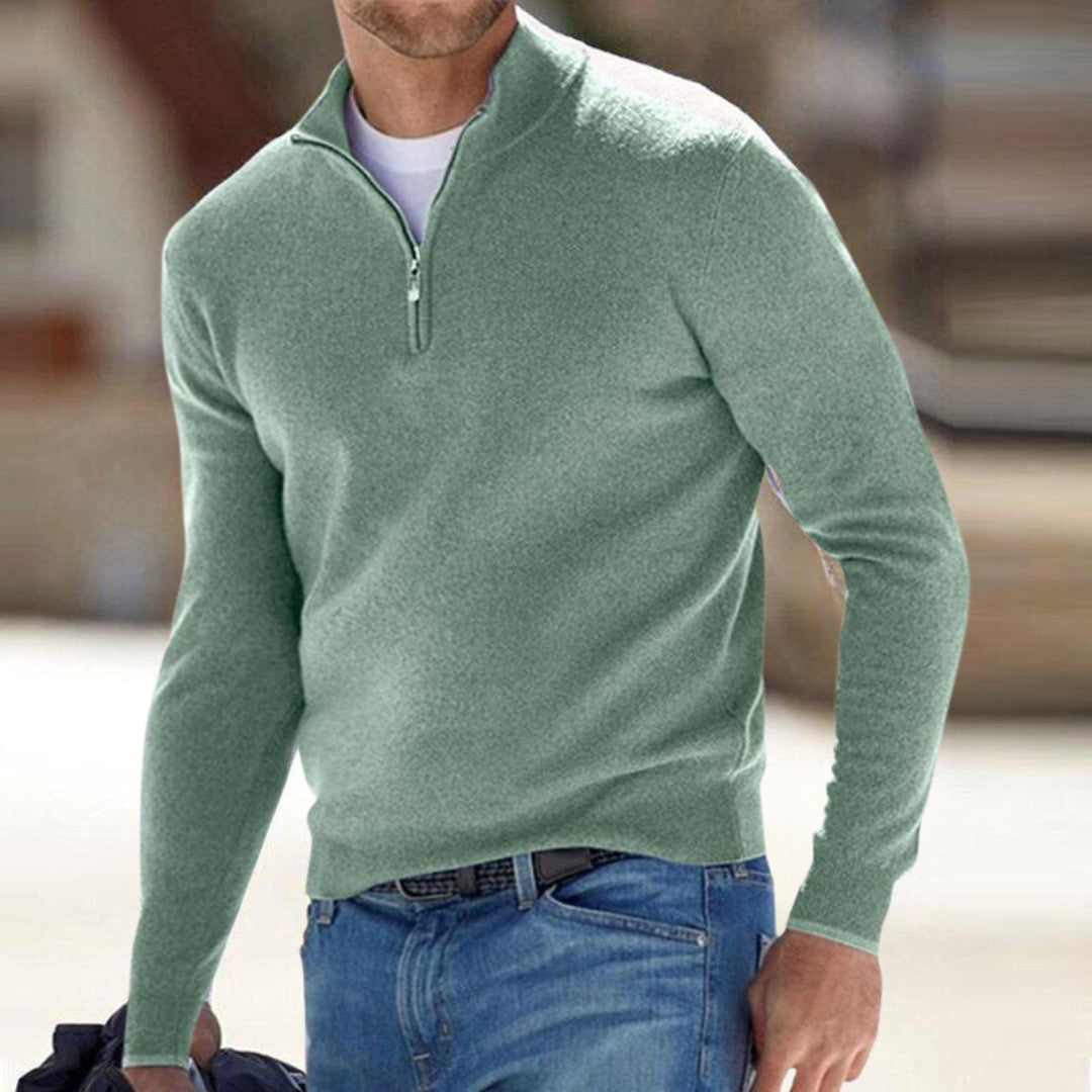 Herren-Troyer-Pullover mit Half-Zip und Stehkragen aus Feinstrick in Grün