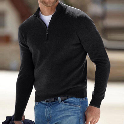 Herren-Troyer-Pullover mit Half-Zip und Stehkragen aus Feinstrick in Schwarz