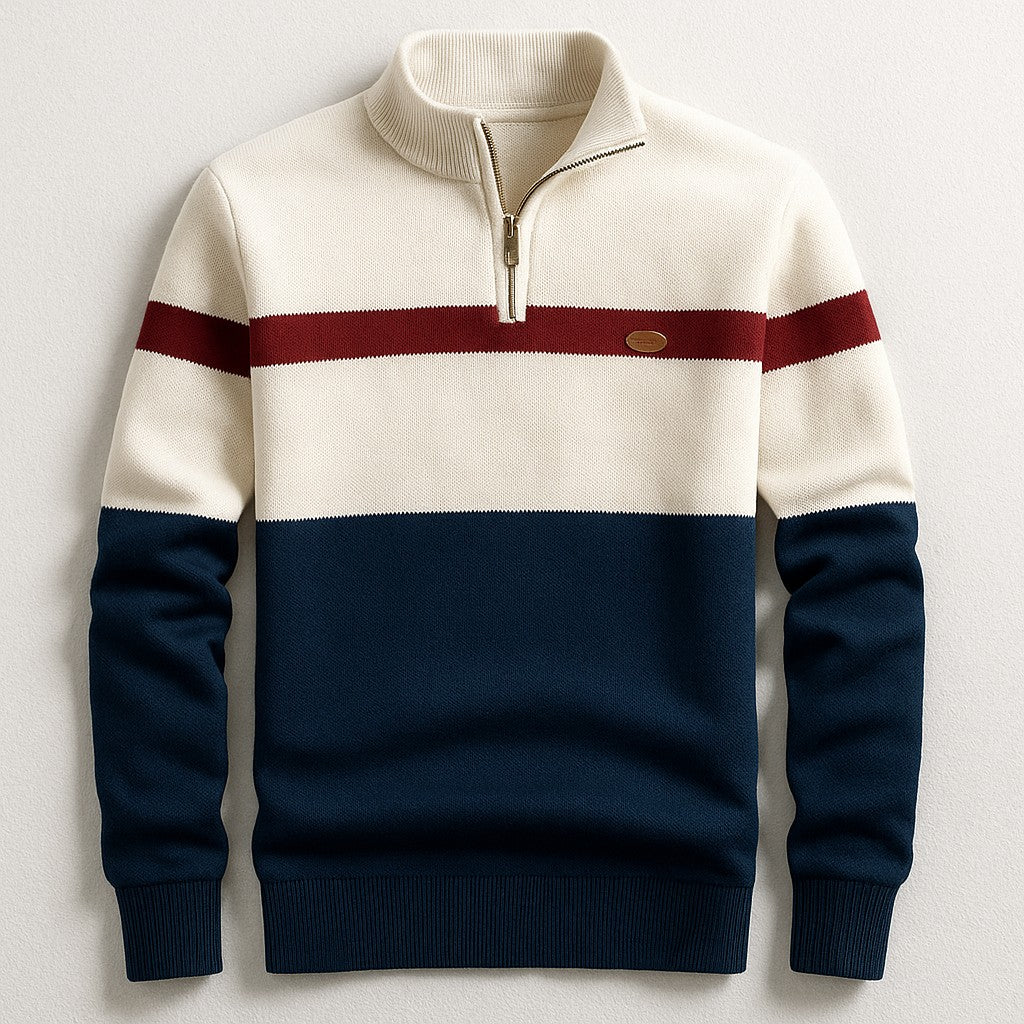 Herren-Troyer-Strickpullover mit Reißverschlusskragen und Blockstreifen in Tailored Fit in Marineblau-Weiß