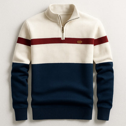 Herren-Troyer-Strickpullover mit Reißverschlusskragen und Blockstreifen in Tailored Fit in Marineblau-Weiß