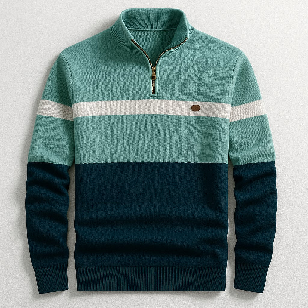 Herren-Troyer-Strickpullover mit Reißverschlusskragen und Blockstreifen in Tailored Fit in Grün-Marineblau