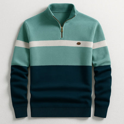 Herren-Troyer-Strickpullover mit Reißverschlusskragen und Blockstreifen in Tailored Fit in Grün-Marineblau