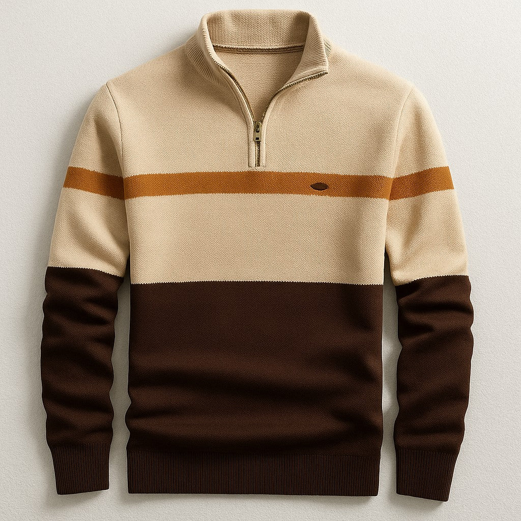 Herren-Troyer-Strickpullover mit Reißverschlusskragen und Blockstreifen in Tailored Fit in Braun-Creme