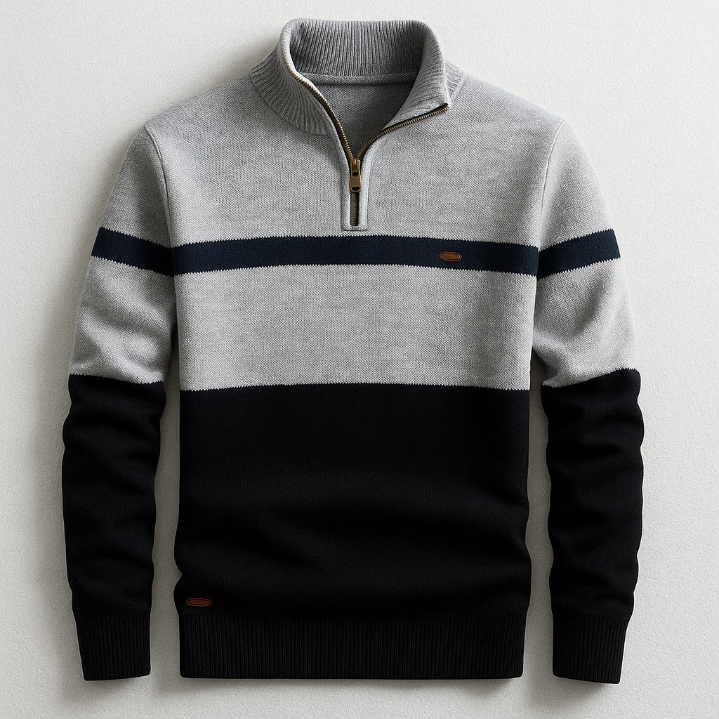 Herren-Troyer-Strickpullover mit Reißverschlusskragen und Blockstreifen in Tailored Fit in Grau-Marineblau