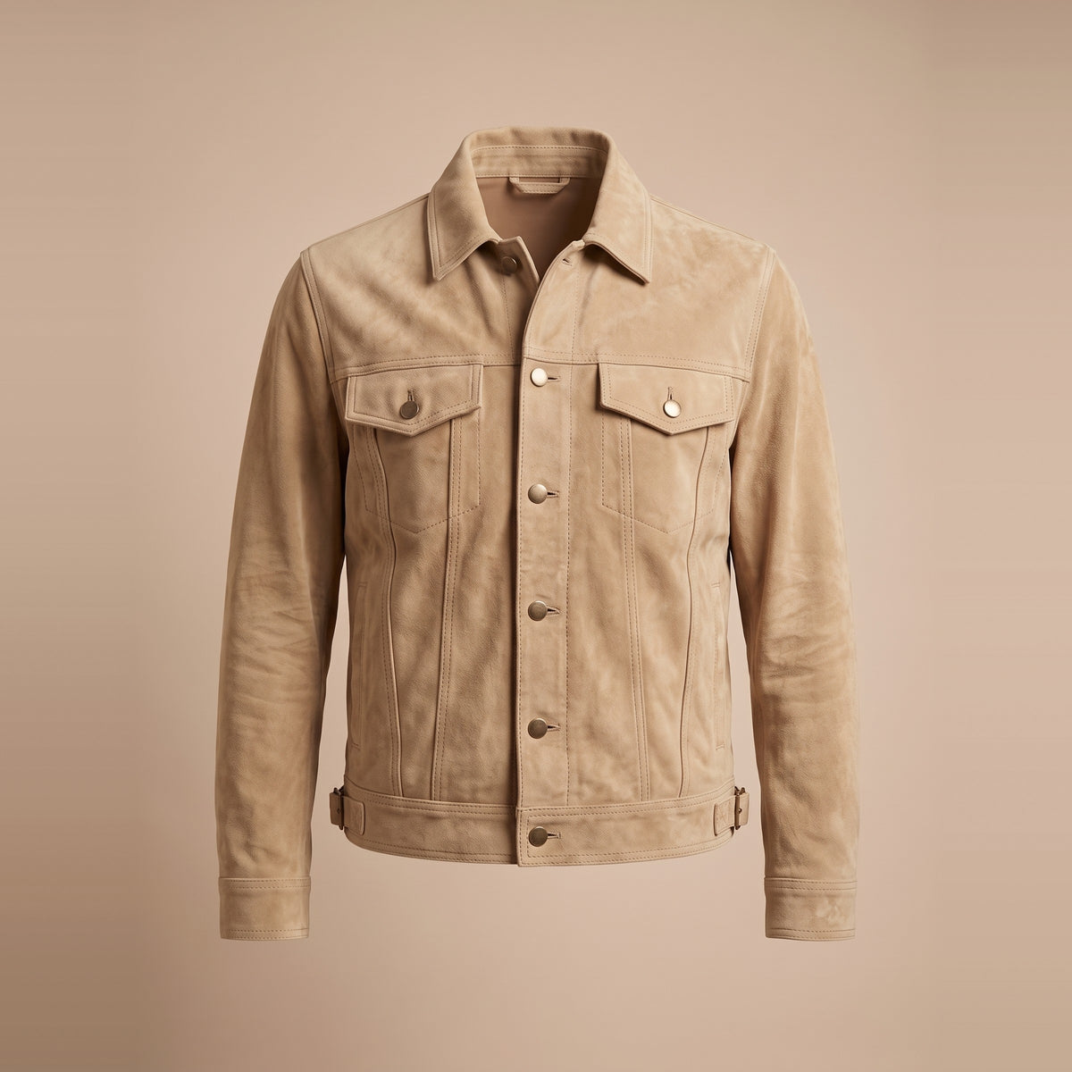 Herren-Truckerjacke aus Veloursleder in Sand, Vorderansicht