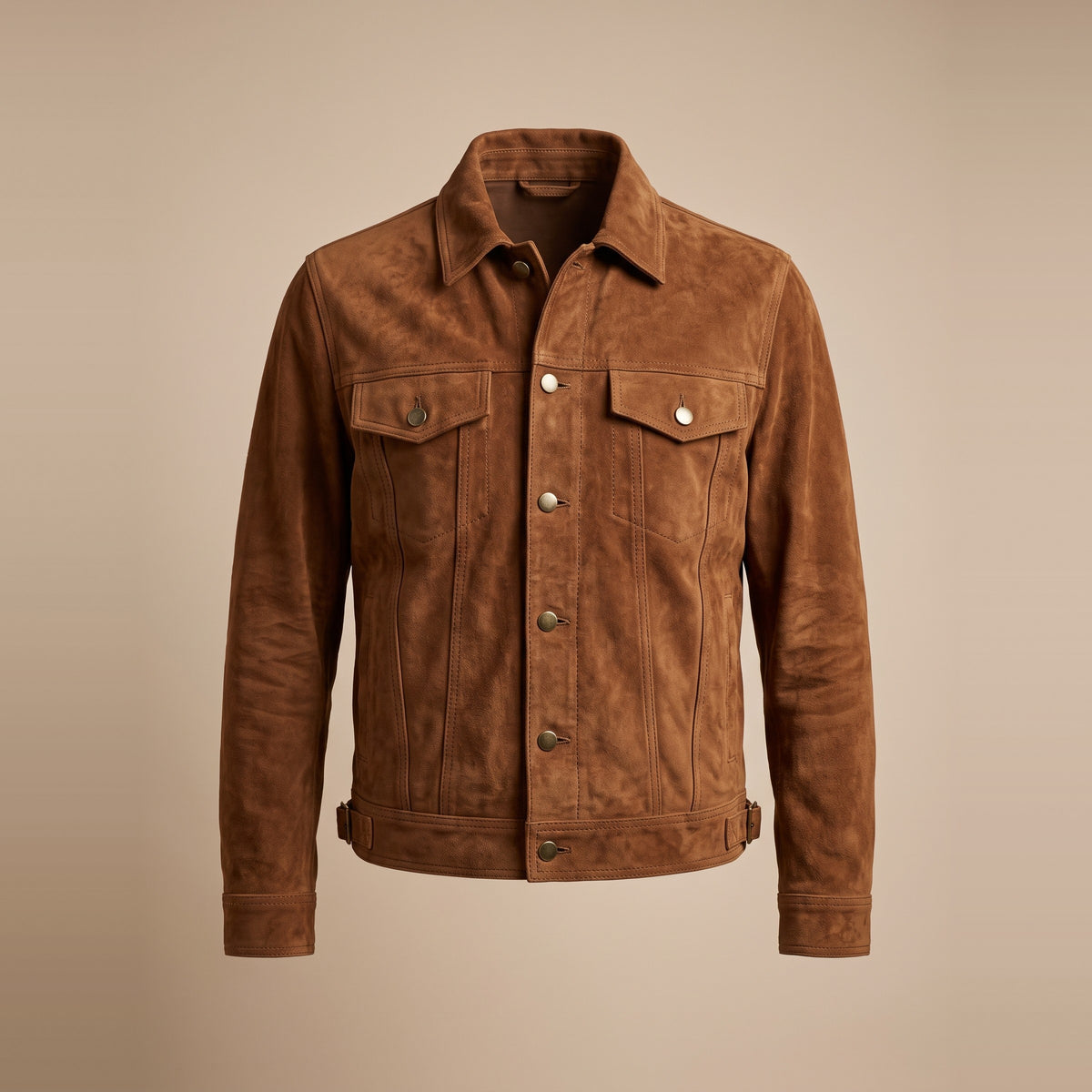 Herren-Truckerjacke aus Veloursleder in Tabak, Vorderansicht
