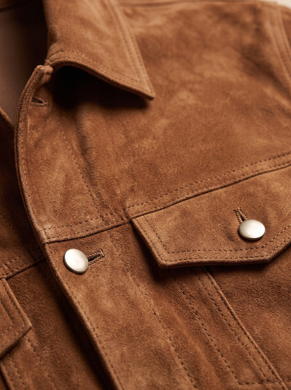 Herren-Truckerjacke aus Veloursleder in Tabak, Detailansicht