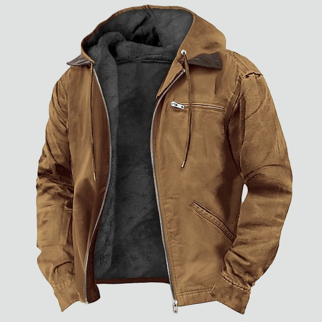 Herren-Übergangsjacke mit Fleecefutter, verstellbarer Kapuze und Reißverschlusstaschen in Braun