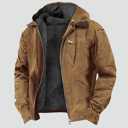 Herren-Übergangsjacke mit Fleecefutter, verstellbarer Kapuze und Reißverschlusstaschen in Braun