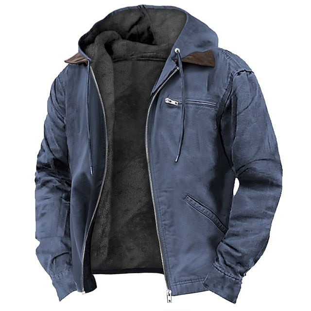 Herren-Übergangsjacke mit Fleecefutter, verstellbarer Kapuze und Reißverschlusstaschen in Blau