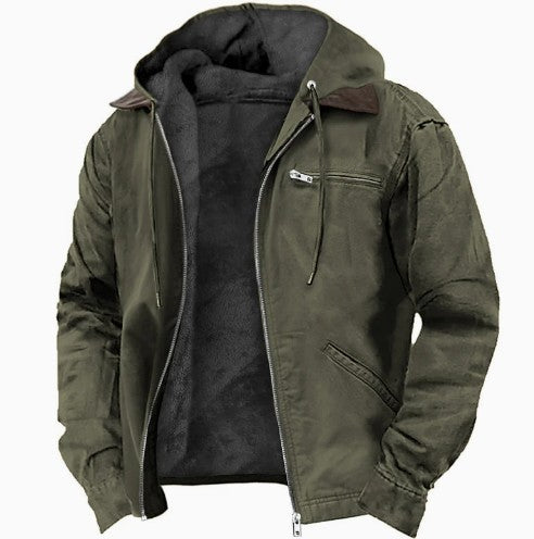 Herren-Übergangsjacke mit Fleecefutter, verstellbarer Kapuze und Reißverschlusstaschen in Armeegrün
