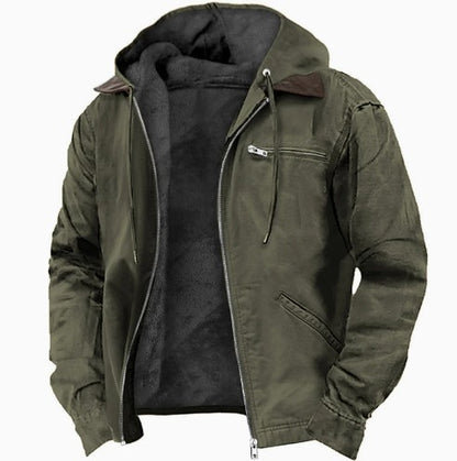 Herren-Übergangsjacke mit Fleecefutter, verstellbarer Kapuze und Reißverschlusstaschen in Armeegrün